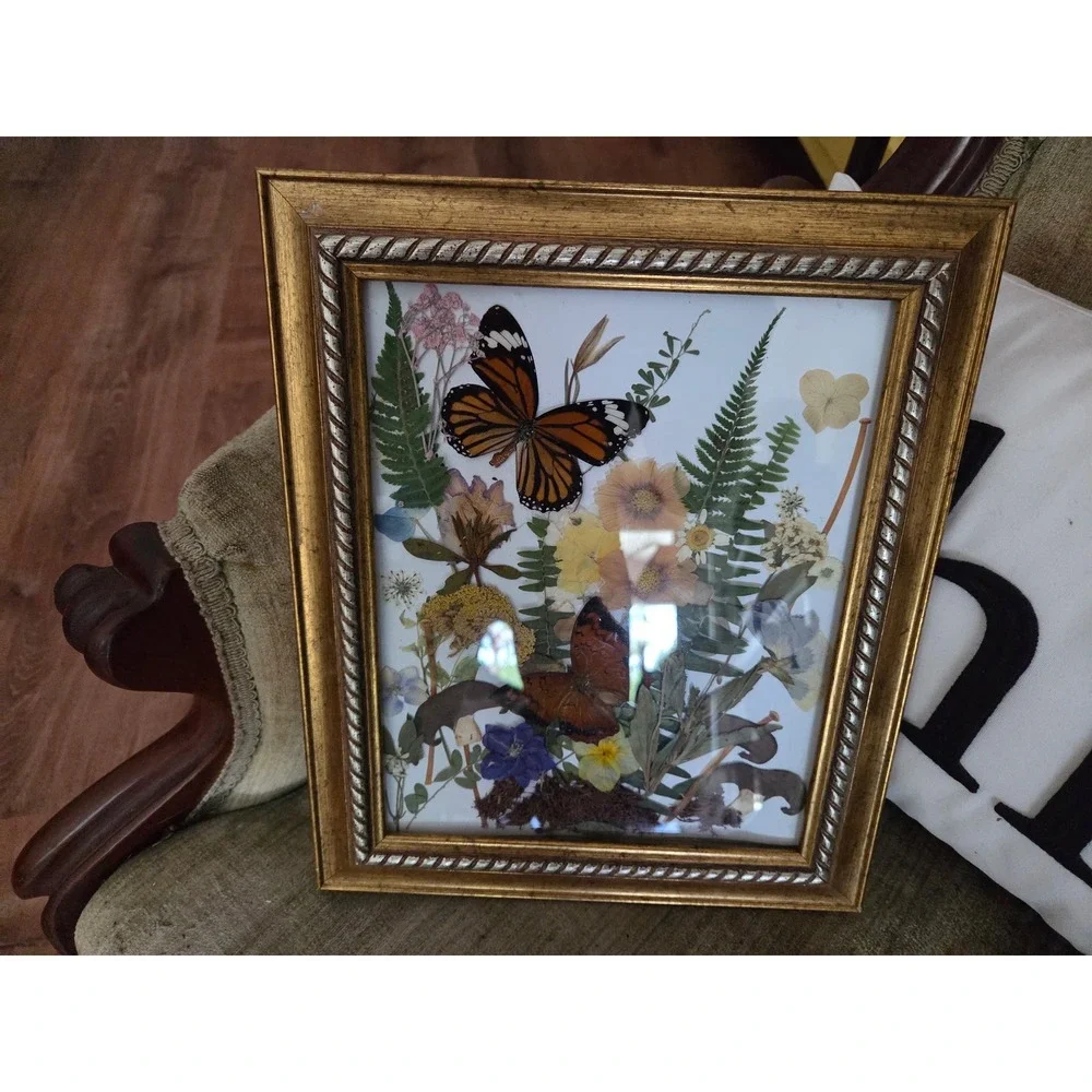 Vintage Pressed Flower Butterfly Art Gold Frame 8x10 Botanical Wall Decor